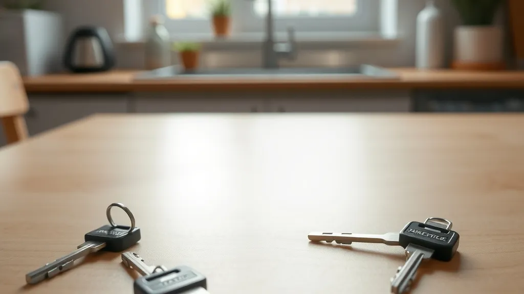 Twee losse sleutelbossen van een woning apart op een houten keukentafel